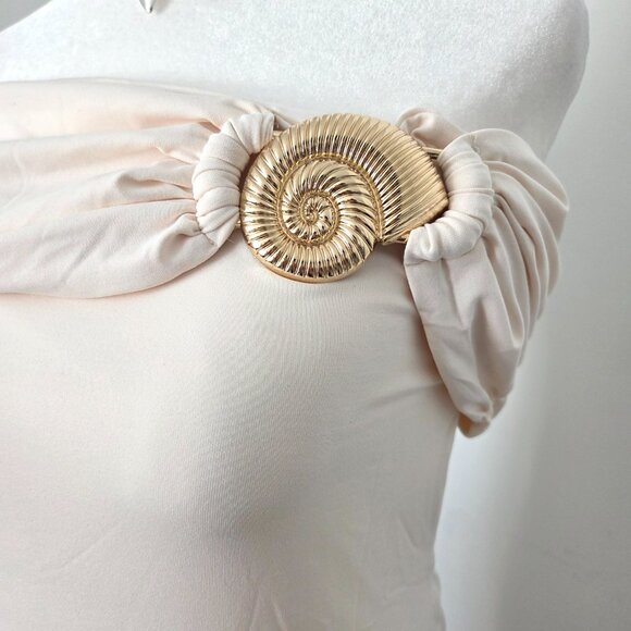 Peppermayo Illusion Maxi Dress Medium NWT Ivory Gold Shell Off Shoulder Bridal - Picture 8 of 15